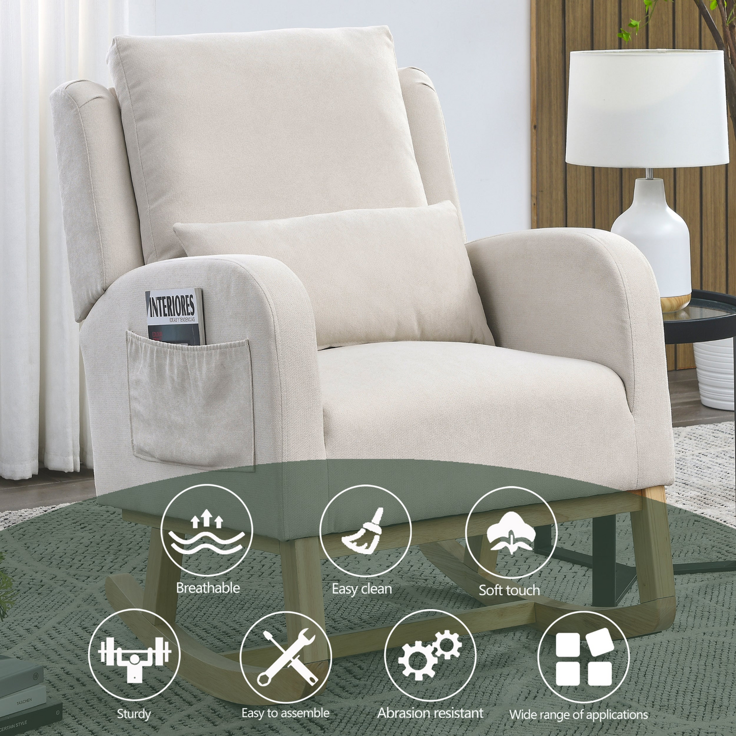 27.5 "W Modern Accent High Back Living Room Casual Armchair Rocker with One Lumbar Pillow, Two Side Pockets.