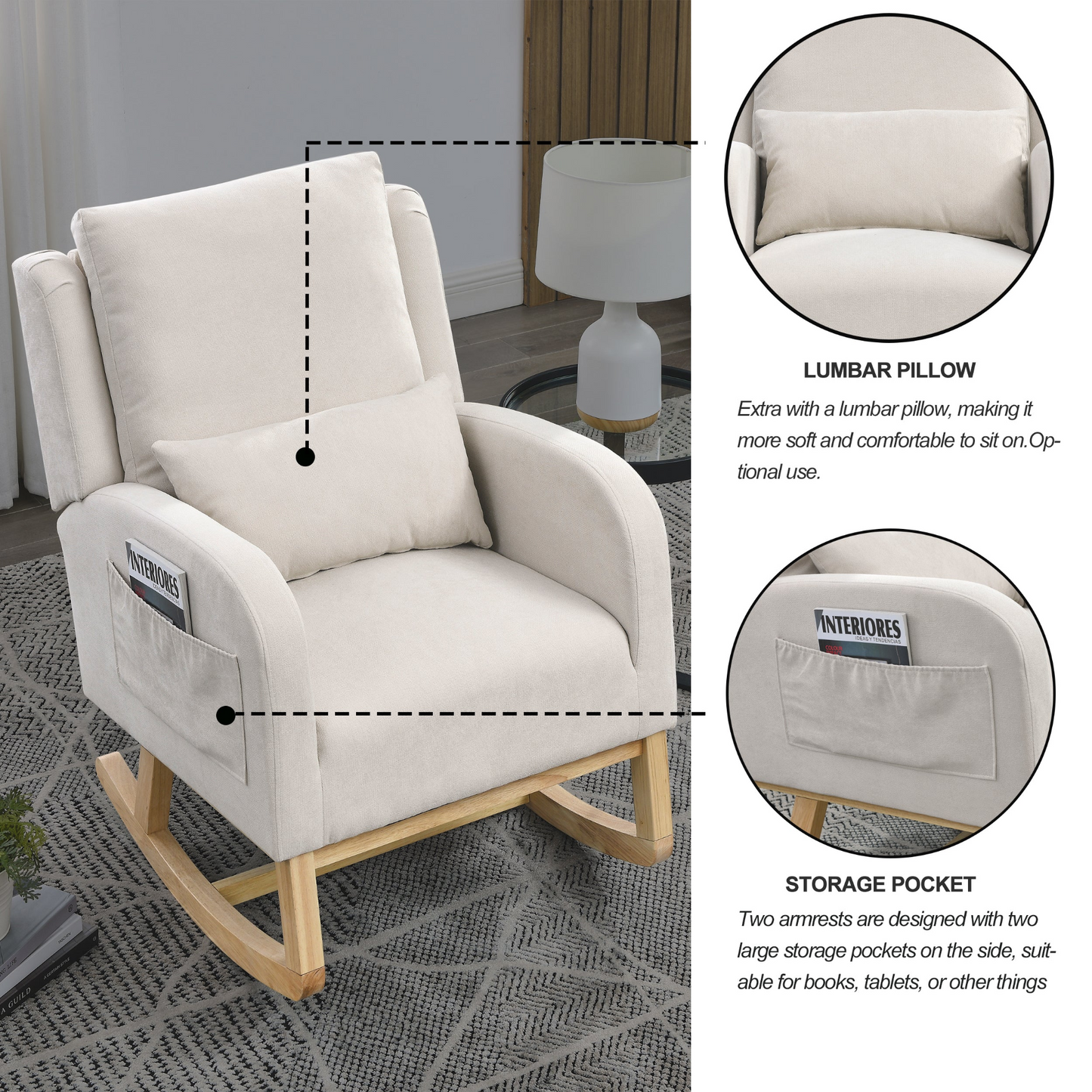 27.5 "W Modern Accent High Back Living Room Casual Armchair Rocker with One Lumbar Pillow, Two Side Pockets.