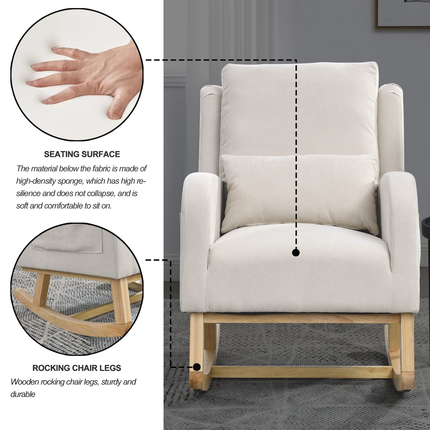 27.5 "W Modern Accent High Back Living Room Casual Armchair Rocker with One Lumbar Pillow, Two Side Pockets.