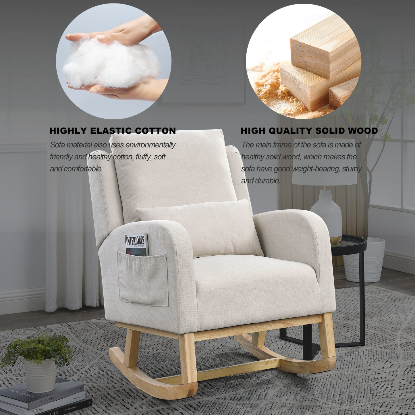27.5 "W Modern Accent High Back Living Room Casual Armchair Rocker with One Lumbar Pillow, Two Side Pockets.