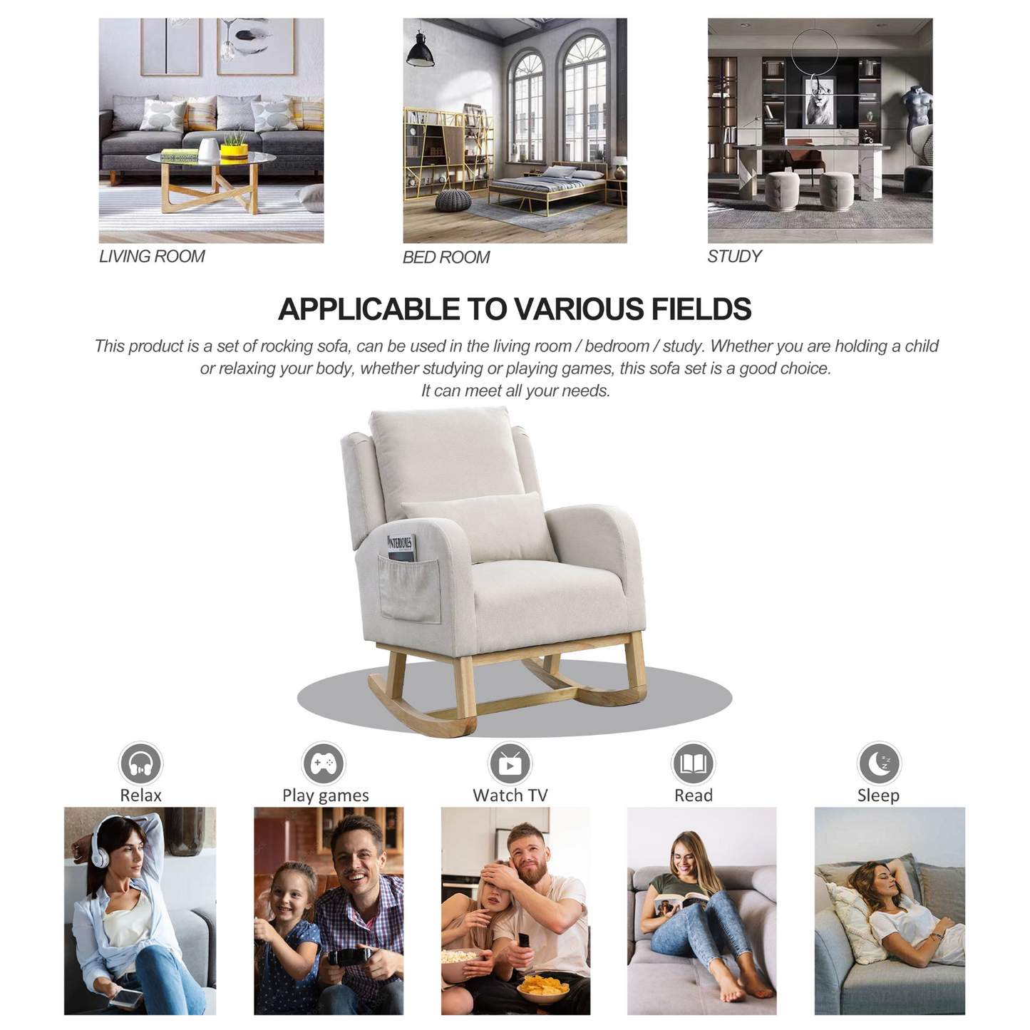 27.5 "W Modern Accent High Back Living Room Casual Armchair Rocker with One Lumbar Pillow, Two Side Pockets.