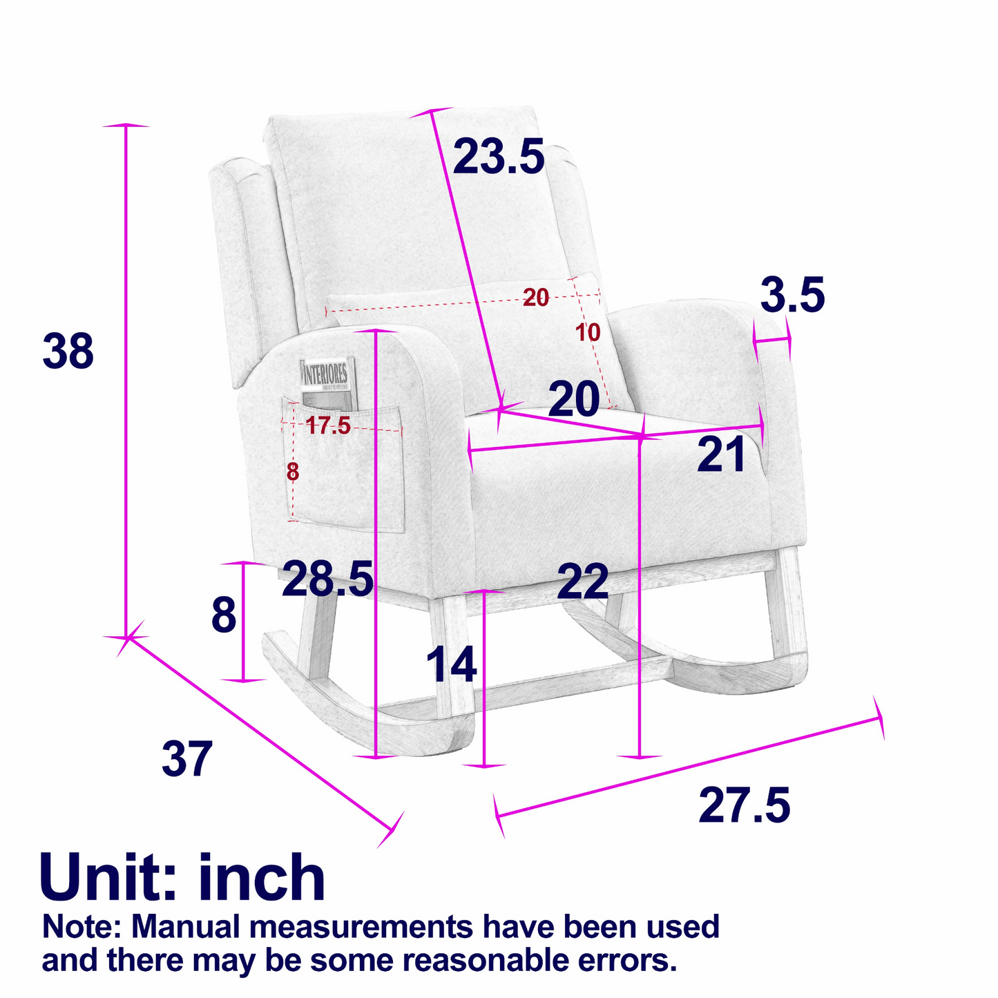 27.5 "W Modern Accent High Back Living Room Casual Armchair Rocker with One Lumbar Pillow, Two Side Pockets.