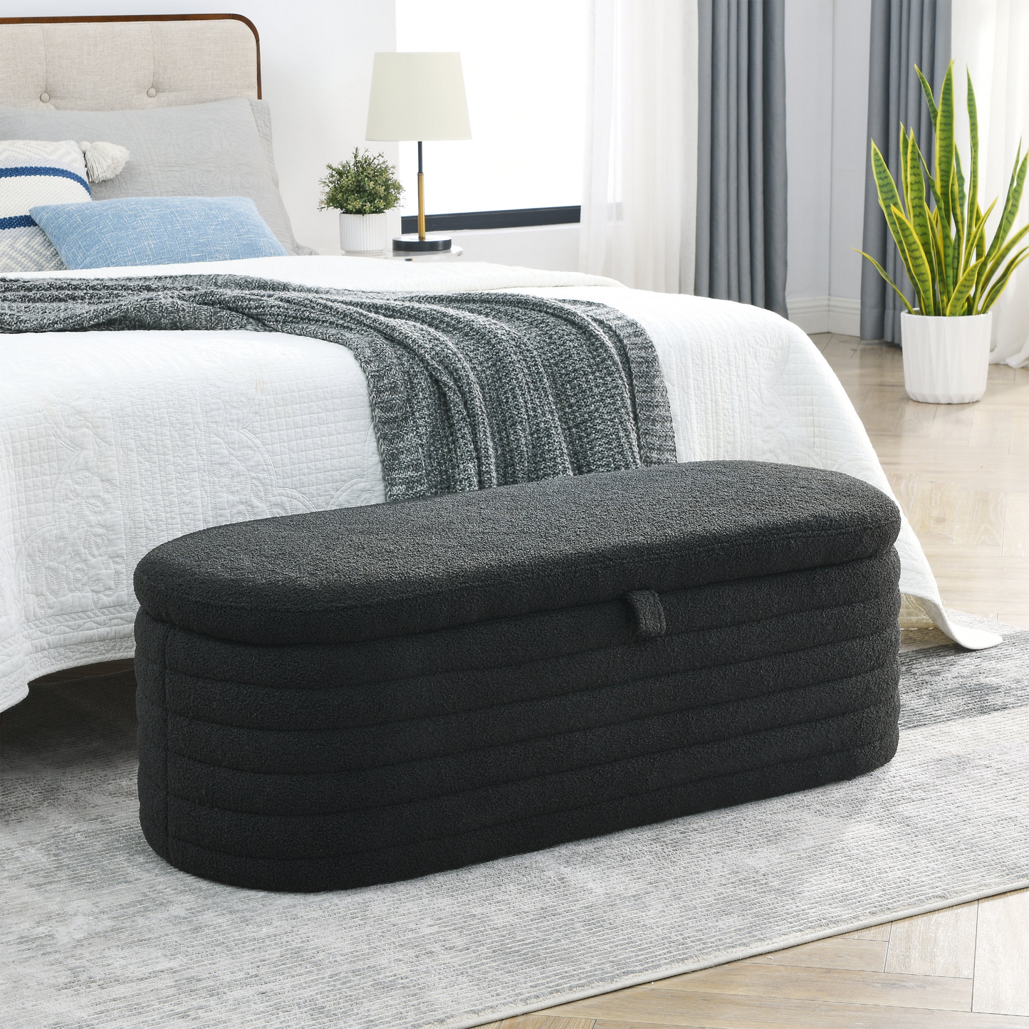 Length 45.5 inches Storage Ottoman Bench Upholstered Fabric Storage Bench End of Bed Stool with Safety Hinge for Bedroom, Living Room, Entryway, Black teddy.