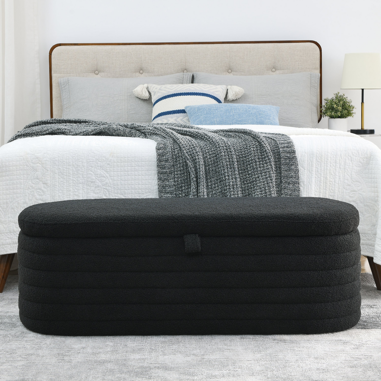 Length 45.5 inches Storage Ottoman Bench Upholstered Fabric Storage Bench End of Bed Stool with Safety Hinge for Bedroom, Living Room, Entryway, Black teddy.