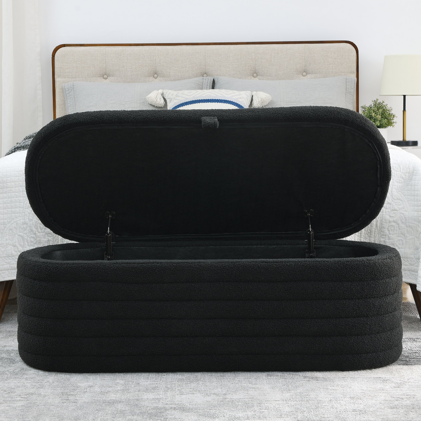 Length 45.5 inches Storage Ottoman Bench Upholstered Fabric Storage Bench End of Bed Stool with Safety Hinge for Bedroom, Living Room, Entryway, Black teddy.