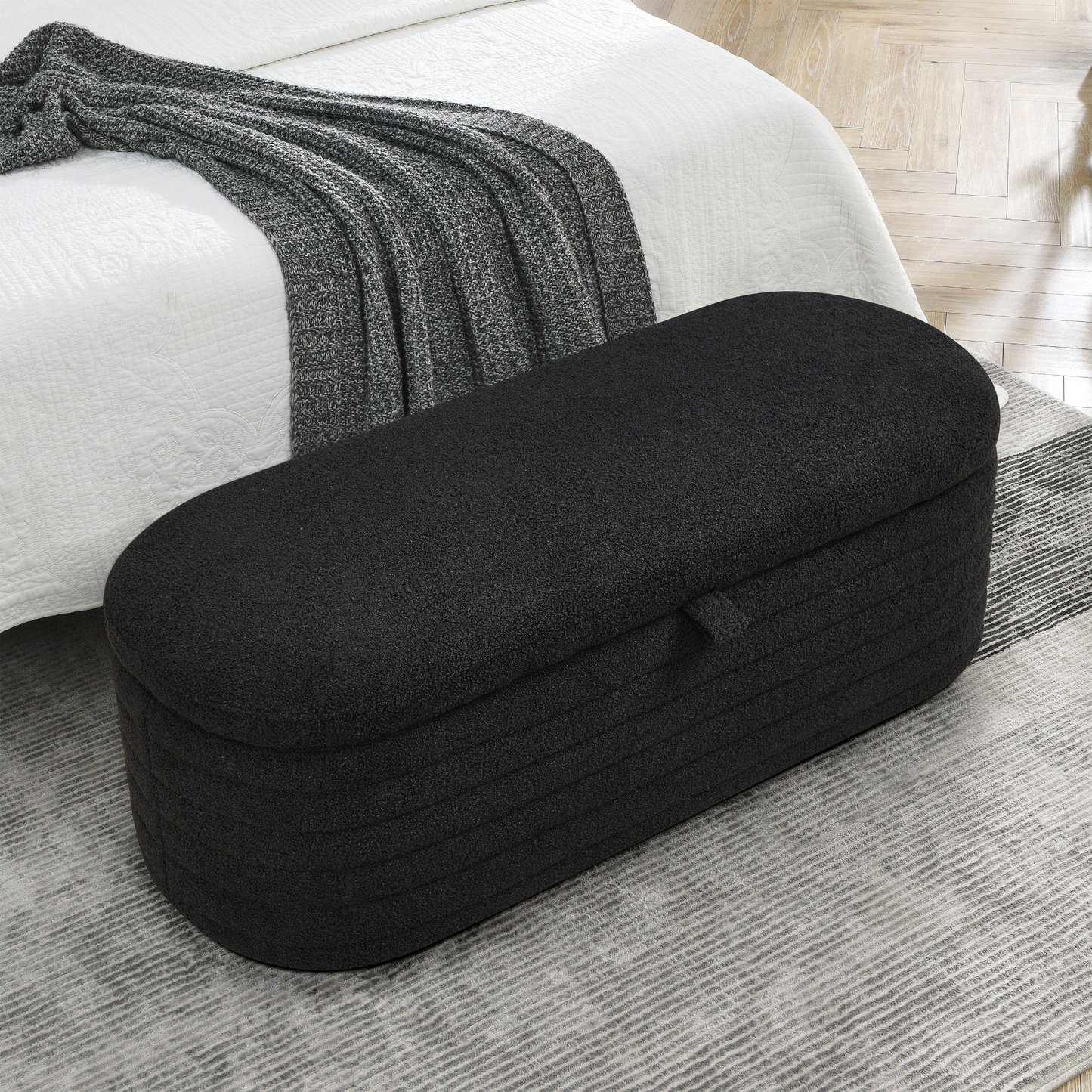 Length 45.5 inches Storage Ottoman Bench Upholstered Fabric Storage Bench End of Bed Stool with Safety Hinge for Bedroom, Living Room, Entryway, Black teddy.