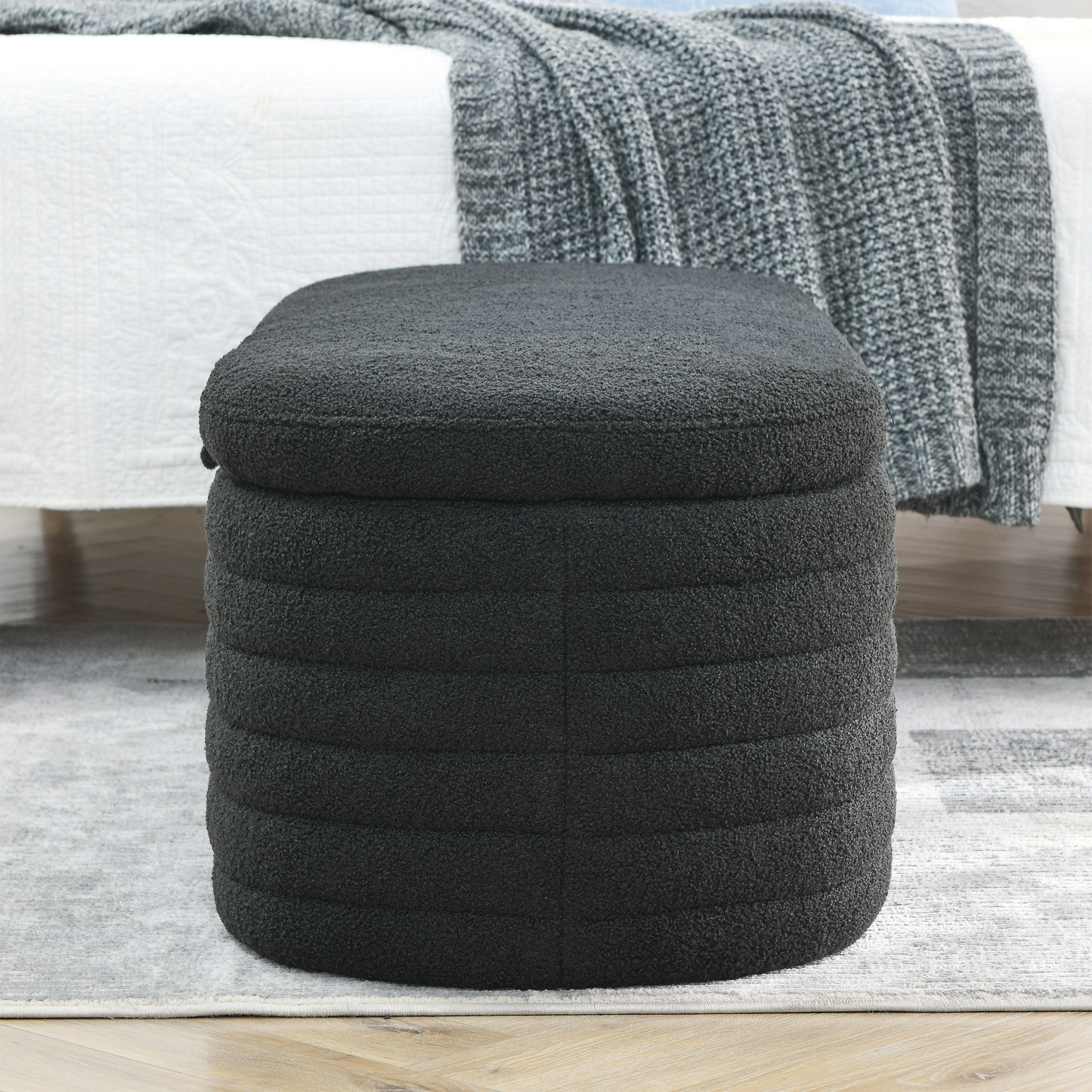 Length 45.5 inches Storage Ottoman Bench Upholstered Fabric Storage Bench End of Bed Stool with Safety Hinge for Bedroom, Living Room, Entryway, Black teddy.
