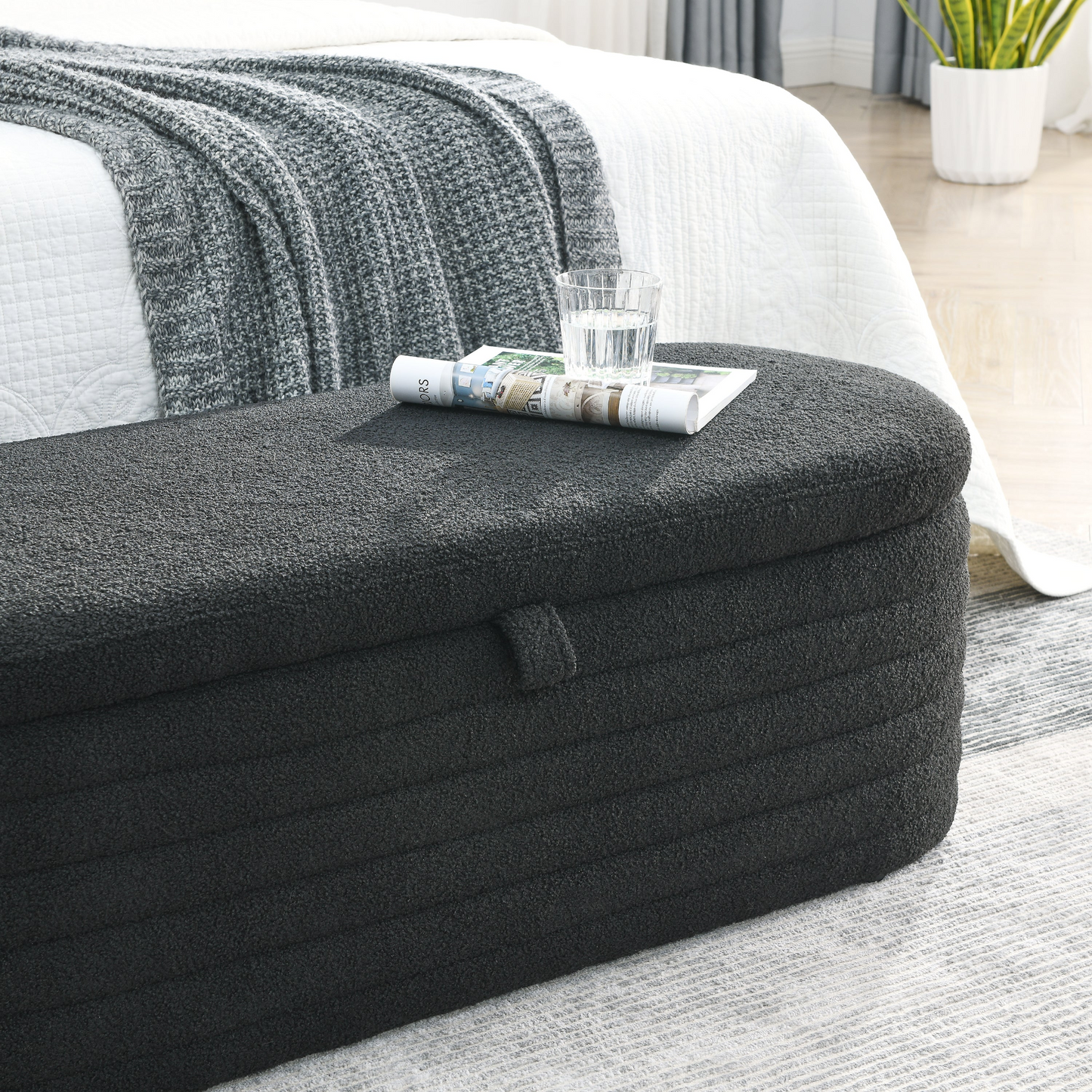 Length 45.5 inches Storage Ottoman Bench Upholstered Fabric Storage Bench End of Bed Stool with Safety Hinge for Bedroom, Living Room, Entryway, Black teddy.