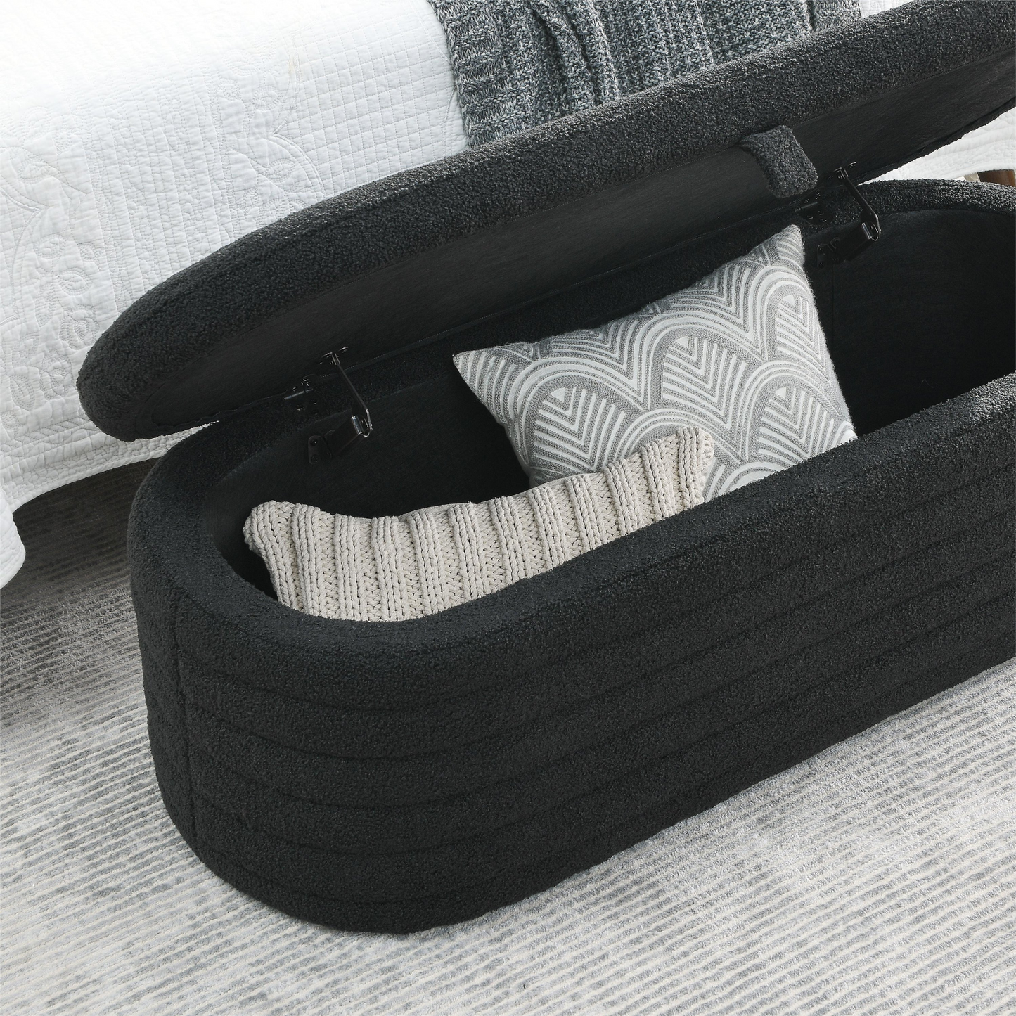Length 45.5 inches Storage Ottoman Bench Upholstered Fabric Storage Bench End of Bed Stool with Safety Hinge for Bedroom, Living Room, Entryway, Black teddy.