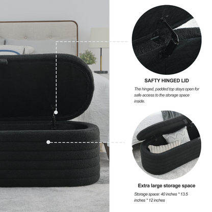 Length 45.5 inches Storage Ottoman Bench Upholstered Fabric Storage Bench End of Bed Stool with Safety Hinge for Bedroom, Living Room, Entryway, Black teddy.