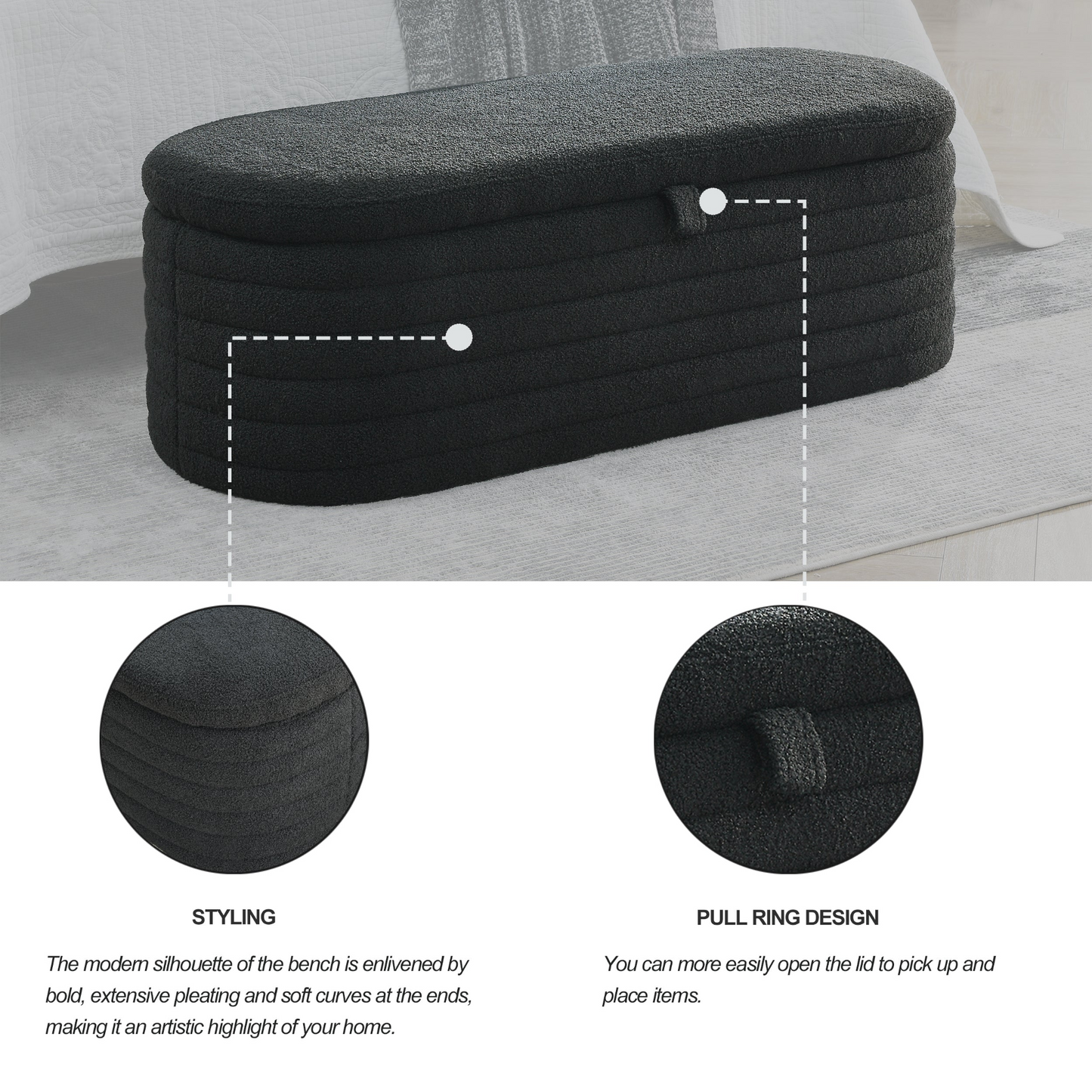Length 45.5 inches Storage Ottoman Bench Upholstered Fabric Storage Bench End of Bed Stool with Safety Hinge for Bedroom, Living Room, Entryway, Black teddy.