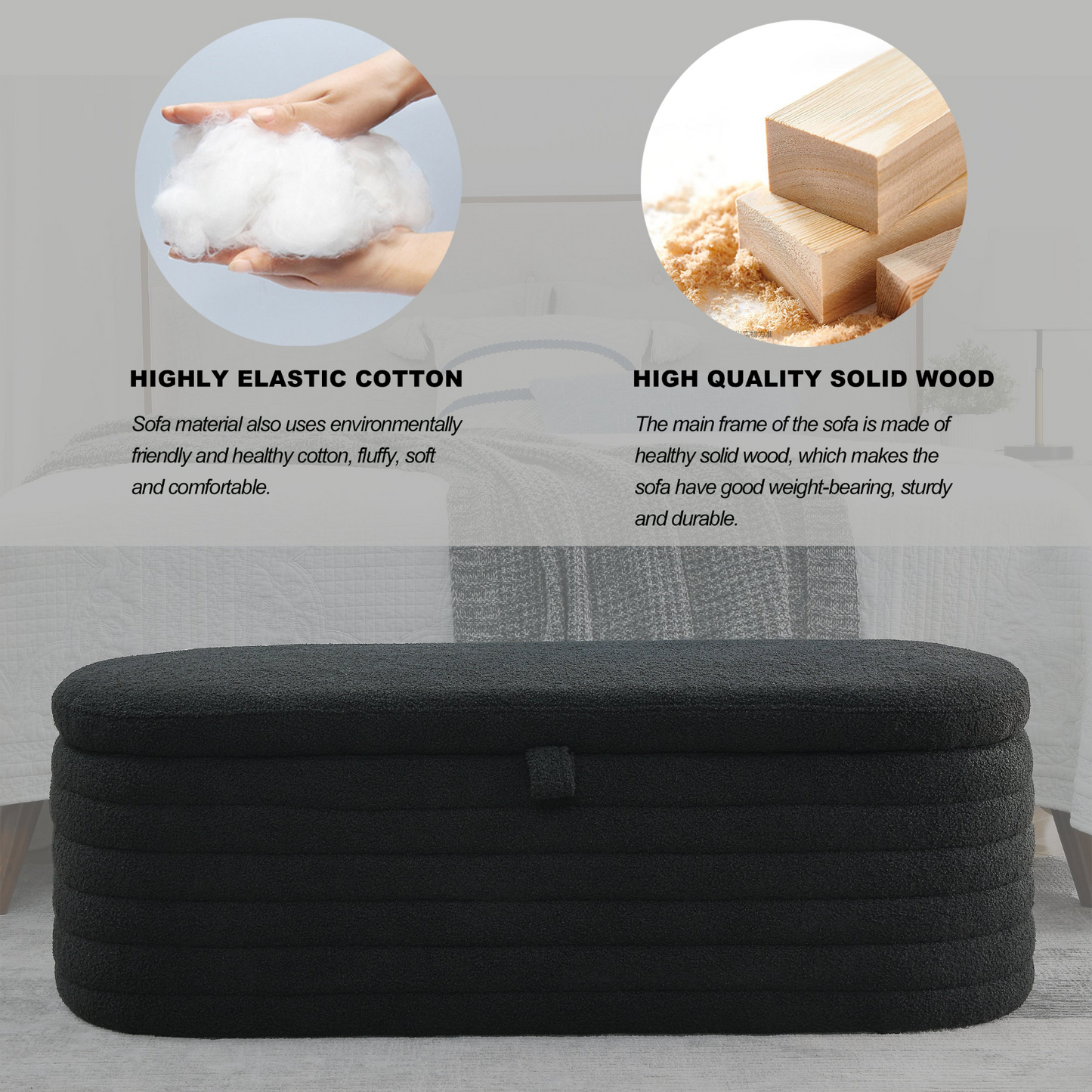 Length 45.5 inches Storage Ottoman Bench Upholstered Fabric Storage Bench End of Bed Stool with Safety Hinge for Bedroom, Living Room, Entryway, Black teddy.