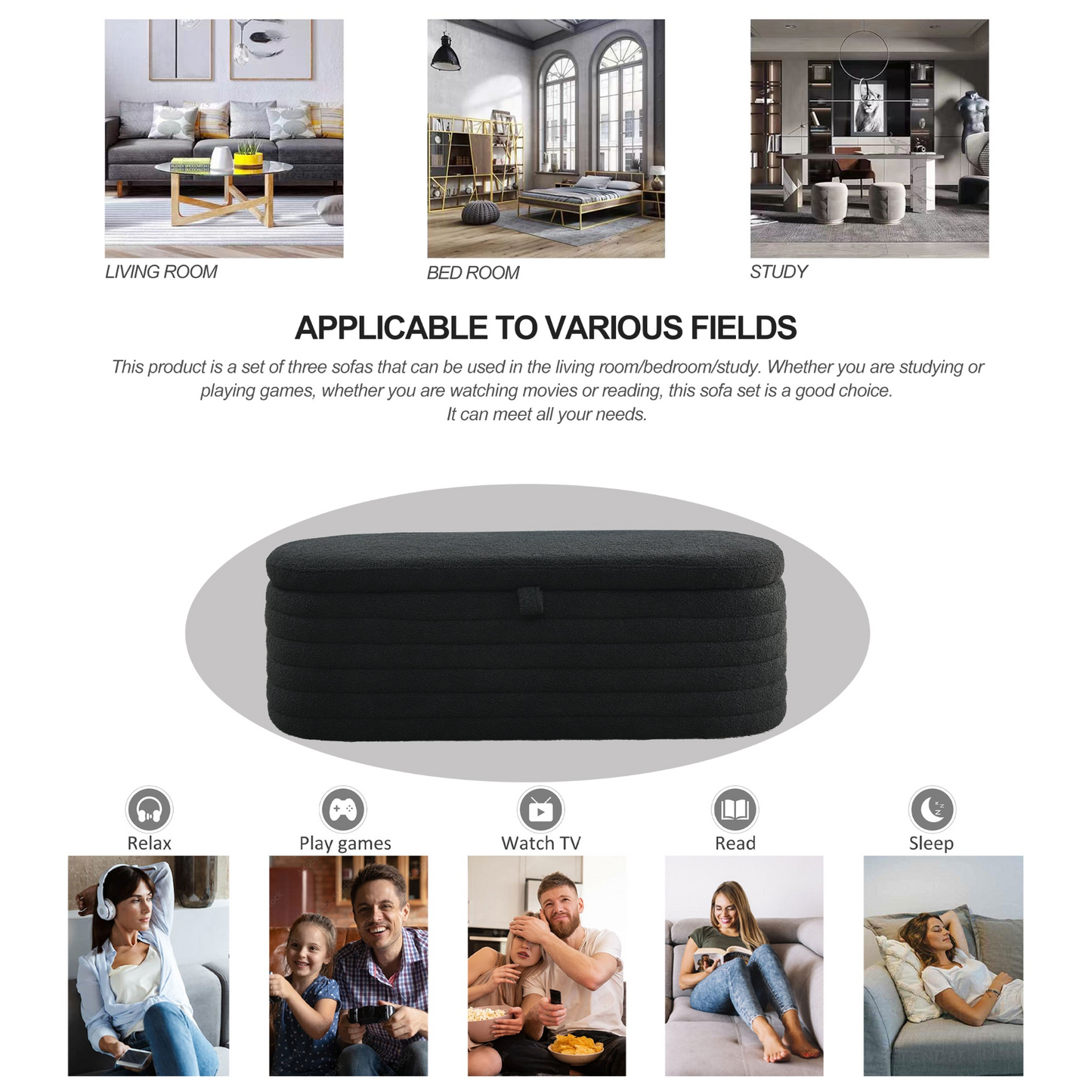 Length 45.5 inches Storage Ottoman Bench Upholstered Fabric Storage Bench End of Bed Stool with Safety Hinge for Bedroom, Living Room, Entryway, Black teddy.
