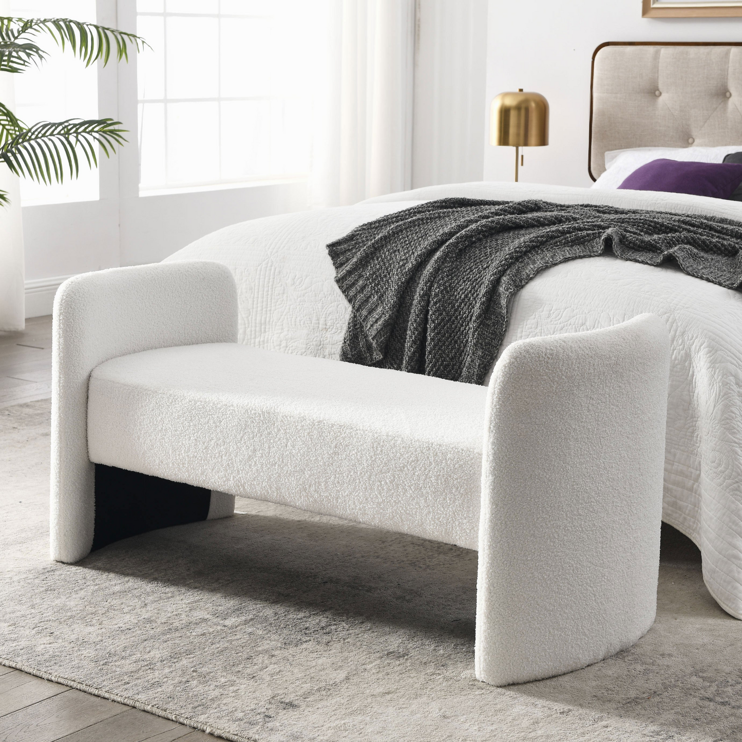 52" Bench for Bedroom End of Bed Modern Contemporary Design Ottoman Couch Long Bench Window Sitting Fireplace Bench, Teddy White (Ivory)