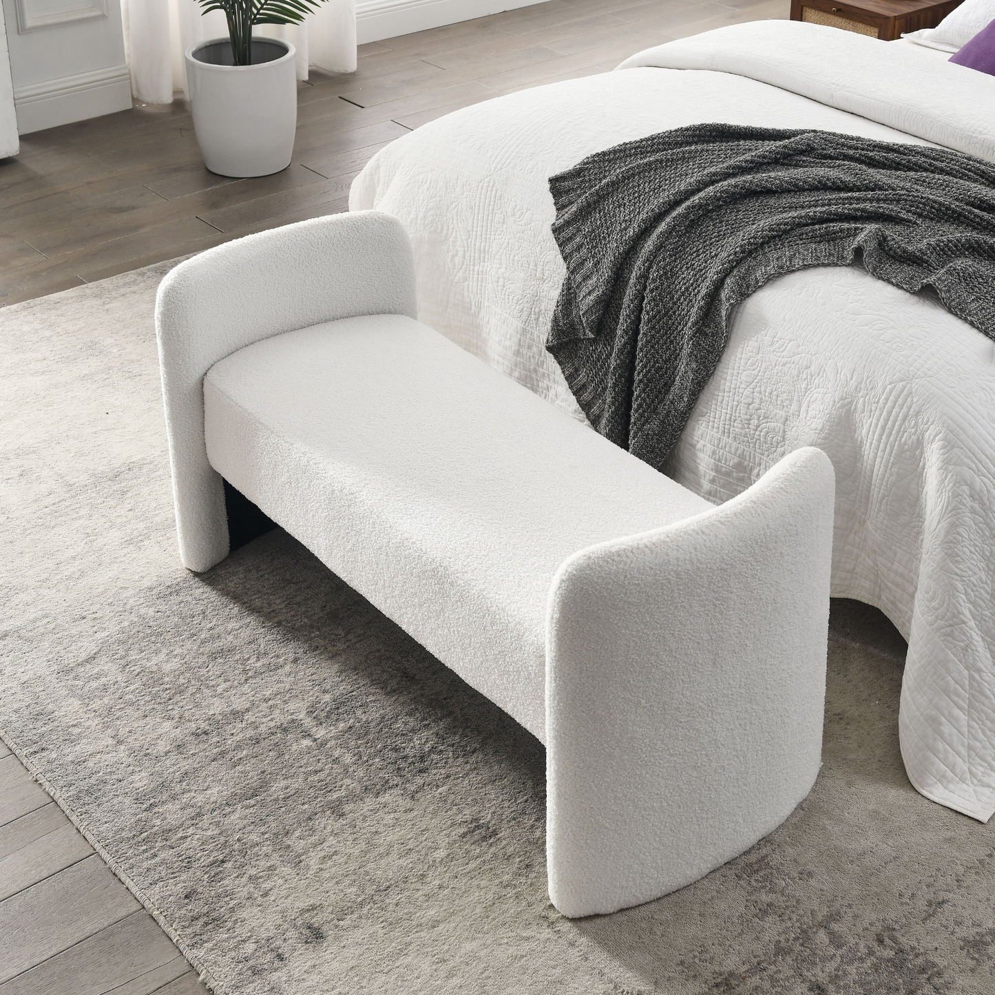 52" Bench for Bedroom End of Bed Modern Contemporary Design Ottoman Couch Long Bench Window Sitting Fireplace Bench, Teddy White (Ivory)