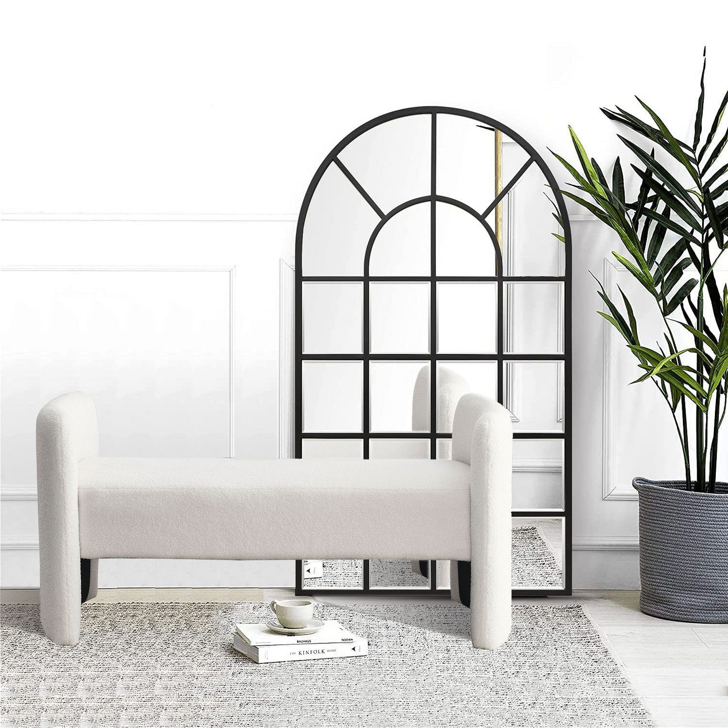 52" Bench for Bedroom End of Bed Modern Contemporary Design Ottoman Couch Long Bench Window Sitting Fireplace Bench, Teddy White (Ivory)