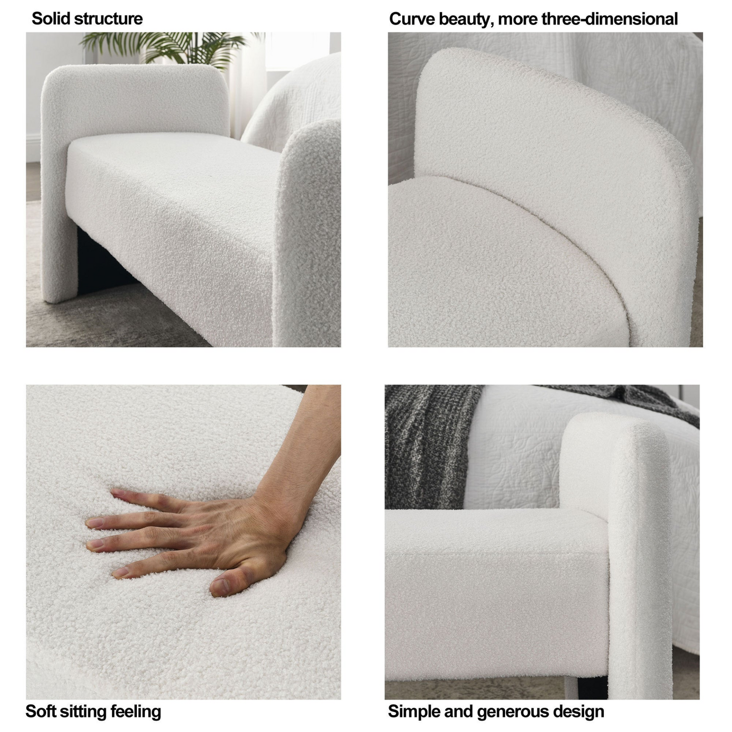 52" Bench for Bedroom End of Bed Modern Contemporary Design Ottoman Couch Long Bench Window Sitting Fireplace Bench, Teddy White (Ivory)