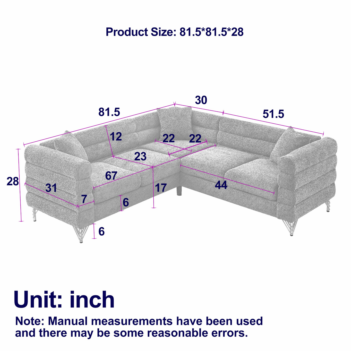 81.5-Inch Oversized Corner Sofa Covers, L-Shaped Sectional Couch,   5-Seater Corner Sofas with 3 Cushions for Living Room, Bedroom, Apartment, Office