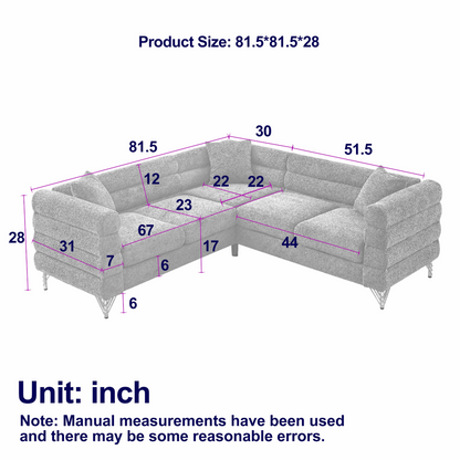81.5-Inch Oversized Corner Sofa Covers, L-Shaped Sectional Couch,   5-Seater Corner Sofas with 3 Cushions for Living Room, Bedroom, Apartment, Office