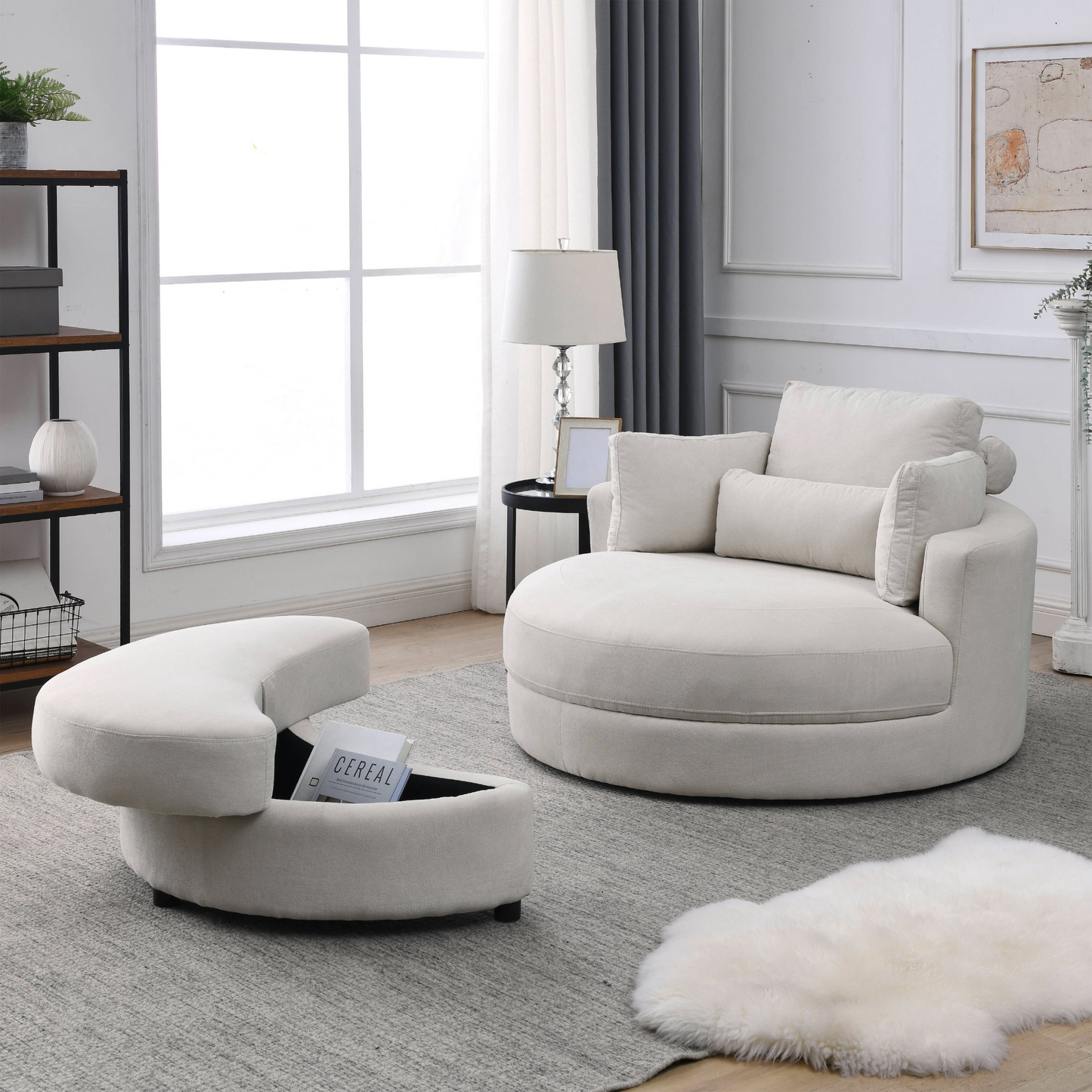 Swivel Accent Barrel Modern Sofa Lounge Club Big Round Chair with Storage Ottoman Linen Fabric for Living Room Hotel with Pillows . *2PCS