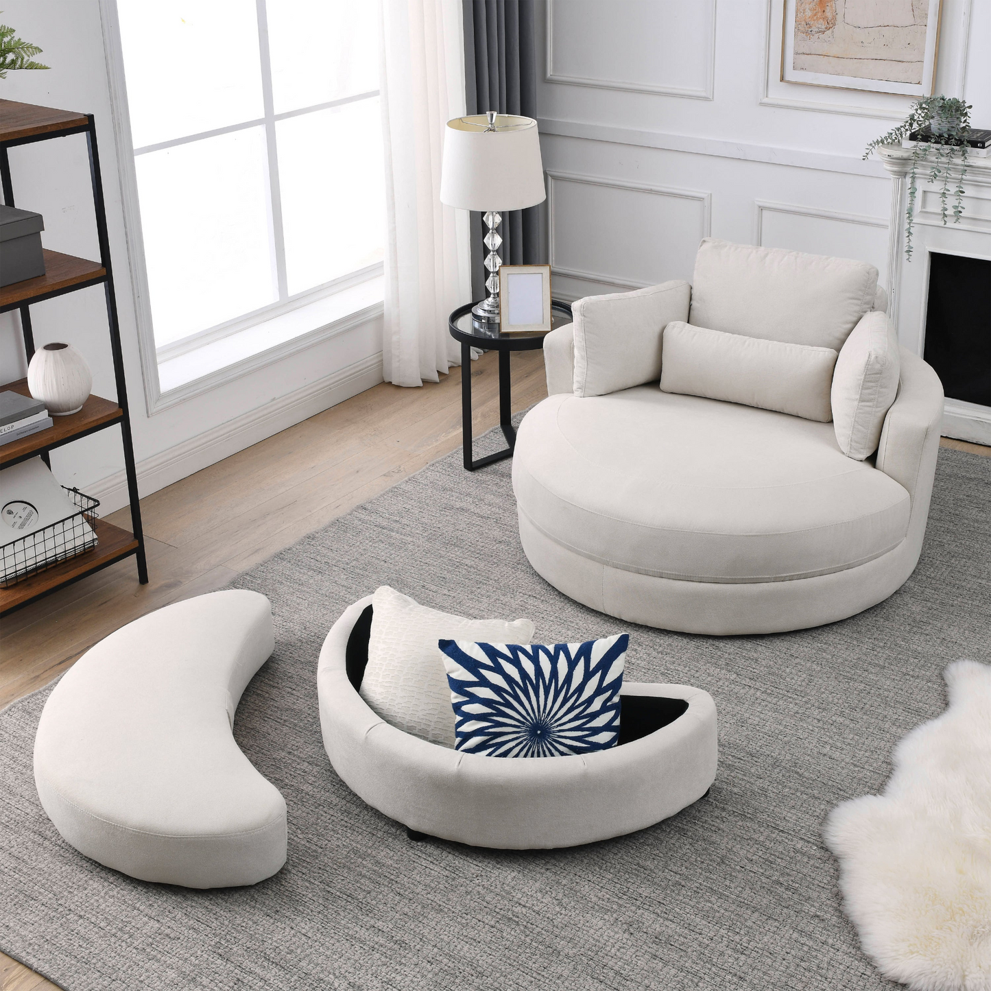 Swivel Accent Barrel Modern Sofa Lounge Club Big Round Chair with Storage Ottoman Linen Fabric for Living Room Hotel with Pillows . *2PCS