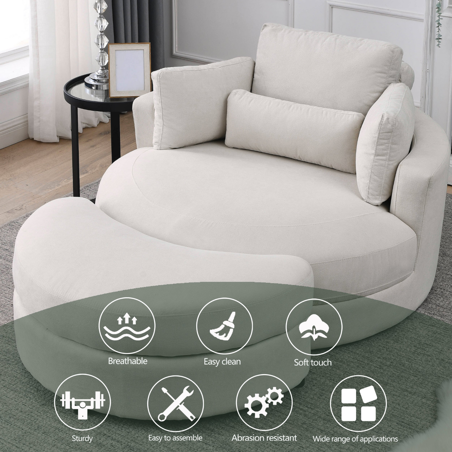 Swivel Accent Barrel Modern Sofa Lounge Club Big Round Chair with Storage Ottoman Linen Fabric for Living Room Hotel with Pillows . *2PCS