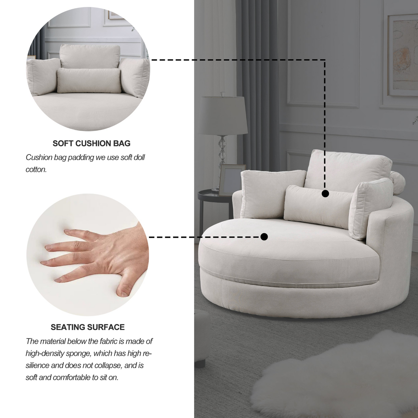 Swivel Accent Barrel Modern Sofa Lounge Club Big Round Chair with Storage Ottoman Linen Fabric for Living Room Hotel with Pillows . *2PCS