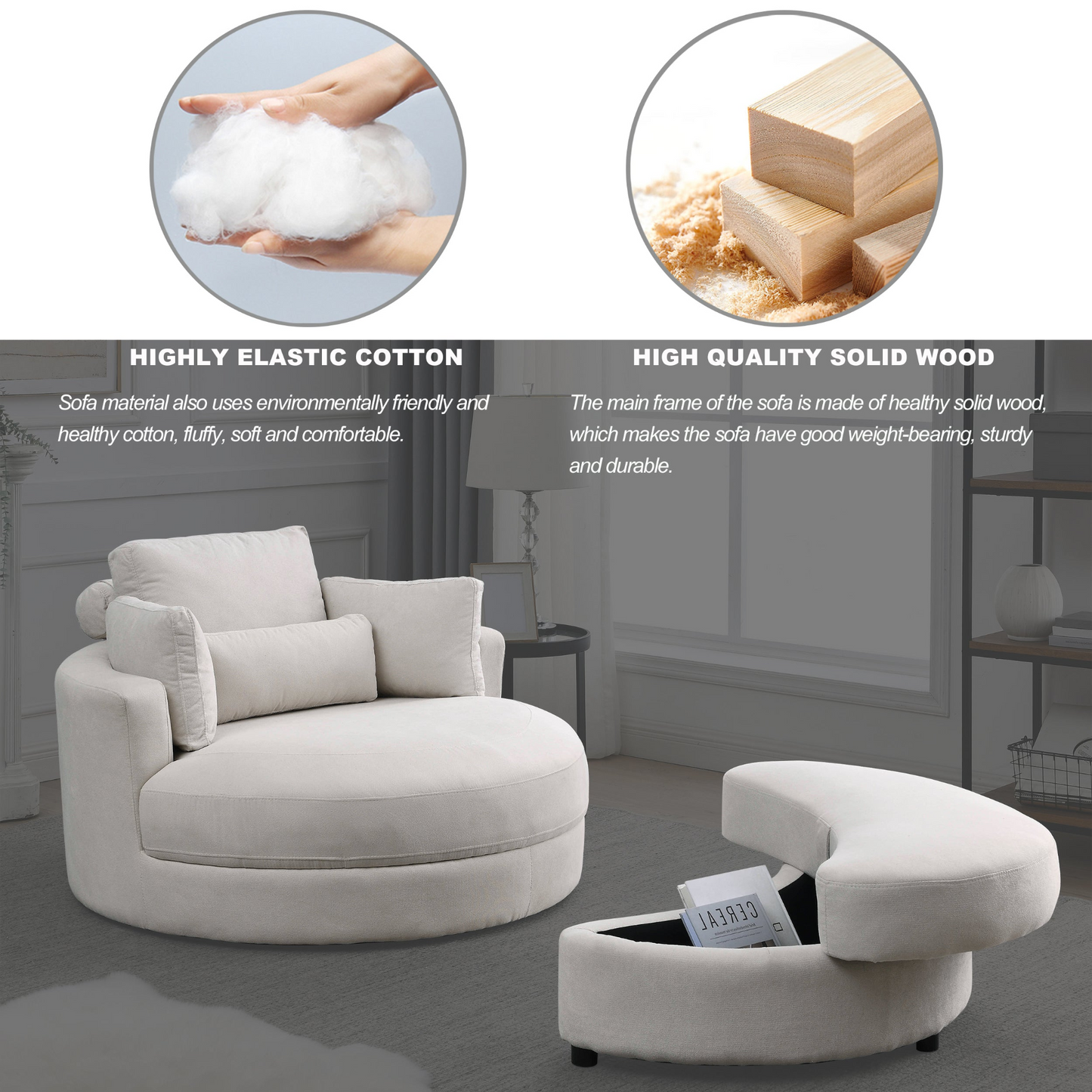 Swivel Accent Barrel Modern Sofa Lounge Club Big Round Chair with Storage Ottoman Linen Fabric for Living Room Hotel with Pillows . *2PCS