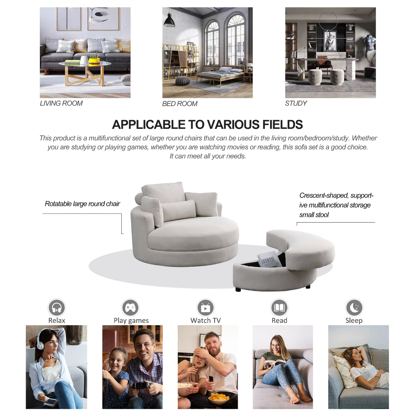 Swivel Accent Barrel Modern Sofa Lounge Club Big Round Chair with Storage Ottoman Linen Fabric for Living Room Hotel with Pillows . *2PCS