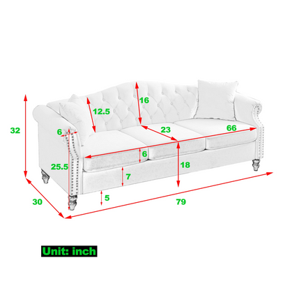 79" Chesterfield Sofa Black Velvet for Living Room, 3 Seater Sofa Tufted Couch with Rolled Arms and Nailhead for Living Room, Bedroom, Office, Apartment, two pillows