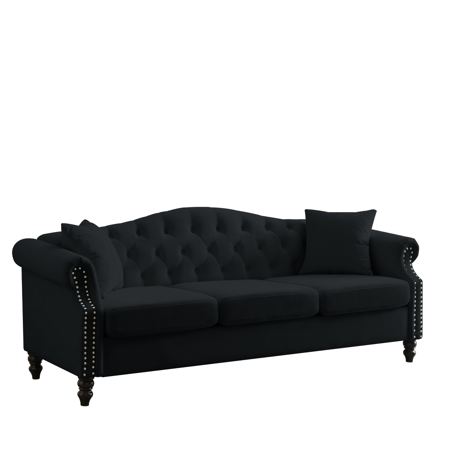 79" Chesterfield Sofa Black Velvet for Living Room, 3 Seater Sofa Tufted Couch with Rolled Arms and Nailhead for Living Room, Bedroom, Office, Apartment, two pillows