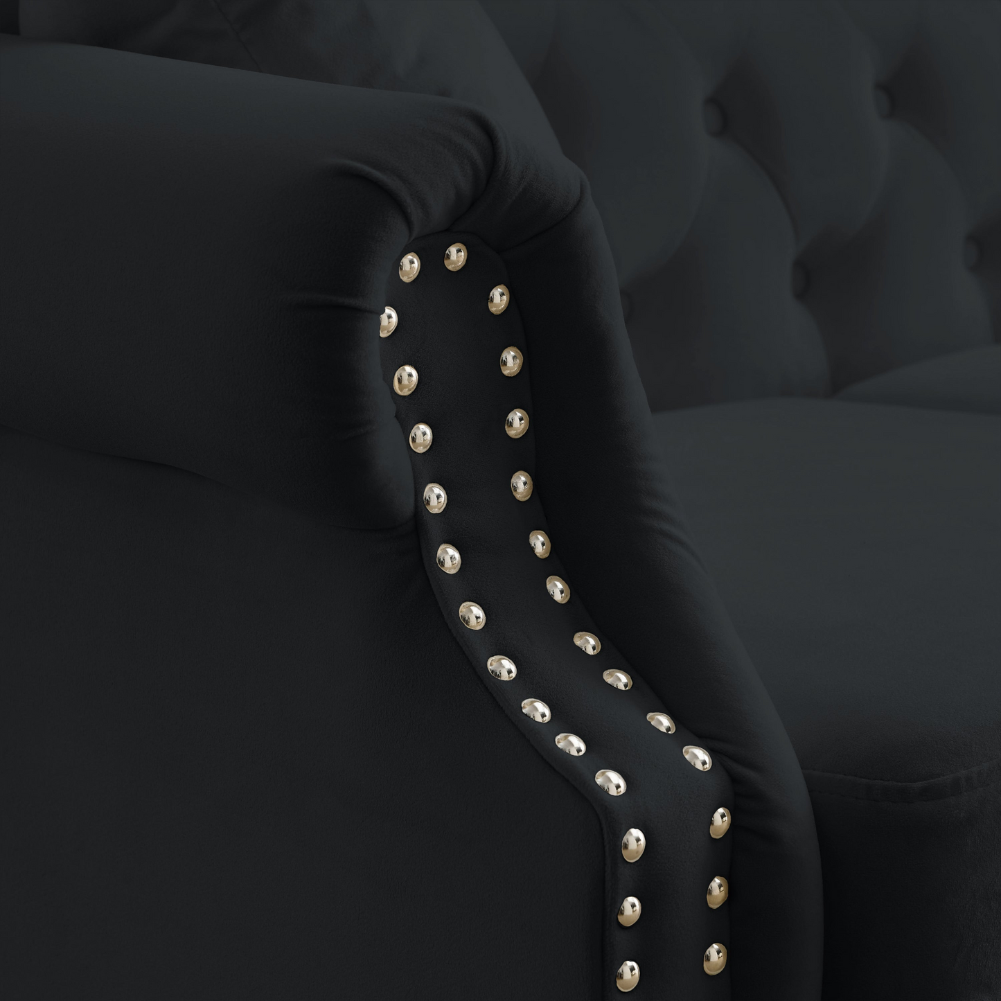 79" Chesterfield Sofa Black Velvet for Living Room, 3 Seater Sofa Tufted Couch with Rolled Arms and Nailhead for Living Room, Bedroom, Office, Apartment, two pillows