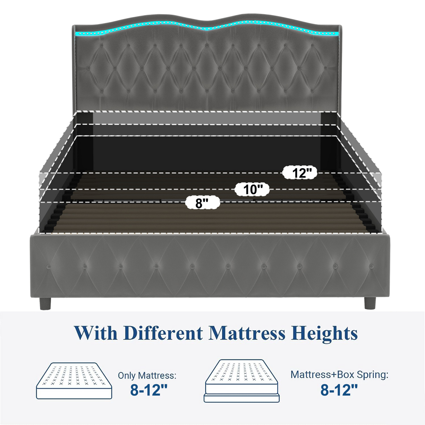 Queen Platform Bed Frame , Velvet Upholstered Bed with Deep Tufted Buttons and Nailhead Trim, Adjustable Colorful LED Light Decorative Headboard, Bed Sides with Pull-Out Storage 4 Drawers, Grey