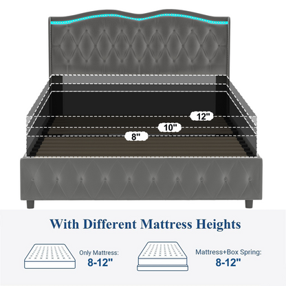 Queen Platform Bed Frame , Velvet Upholstered Bed with Deep Tufted Buttons and Nailhead Trim, Adjustable Colorful LED Light Decorative Headboard, Bed Sides with Pull-Out Storage 4 Drawers, Grey