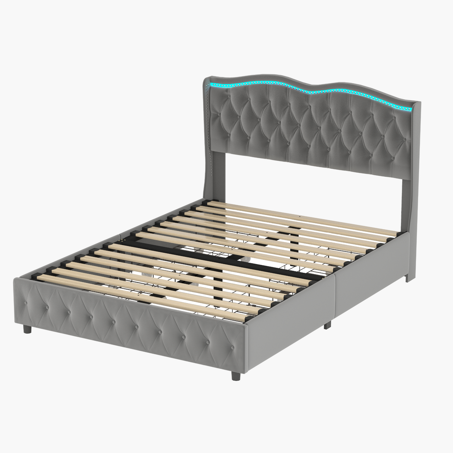Queen Platform Bed Frame , Velvet Upholstered Bed with Deep Tufted Buttons and Nailhead Trim, Adjustable Colorful LED Light Decorative Headboard, Bed Sides with Pull-Out Storage 4 Drawers, Grey