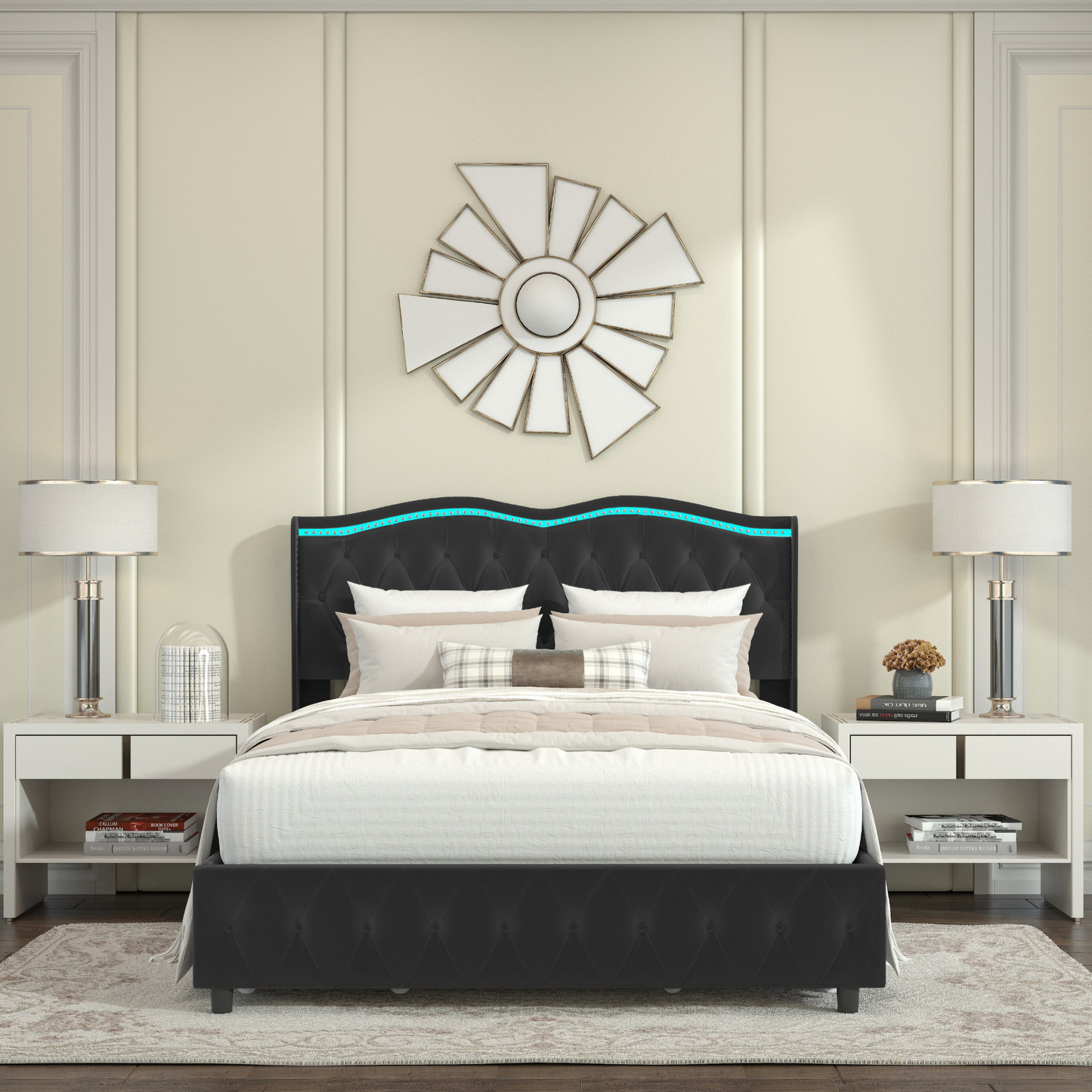 Queen Platform Bed Frame , Velvet Upholstered Bed with Deep Tufted Buttons and Nailhead Trim, Adjustable Colorful LED Light Decorative Headboard, Bed Sides with Pull-Out Storage 4 Drawers,  Black