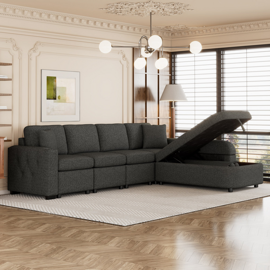 109.8"L-shaped Couch Sectional Sofa with Storage Chaise,Cup Holder and USB Ports for Living Room, Black