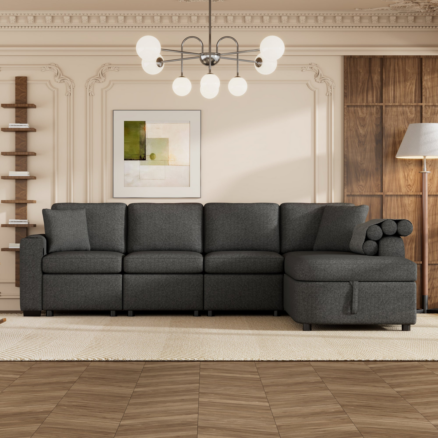 109.8"L-shaped Couch Sectional Sofa with Storage Chaise,Cup Holder and USB Ports for Living Room, Black