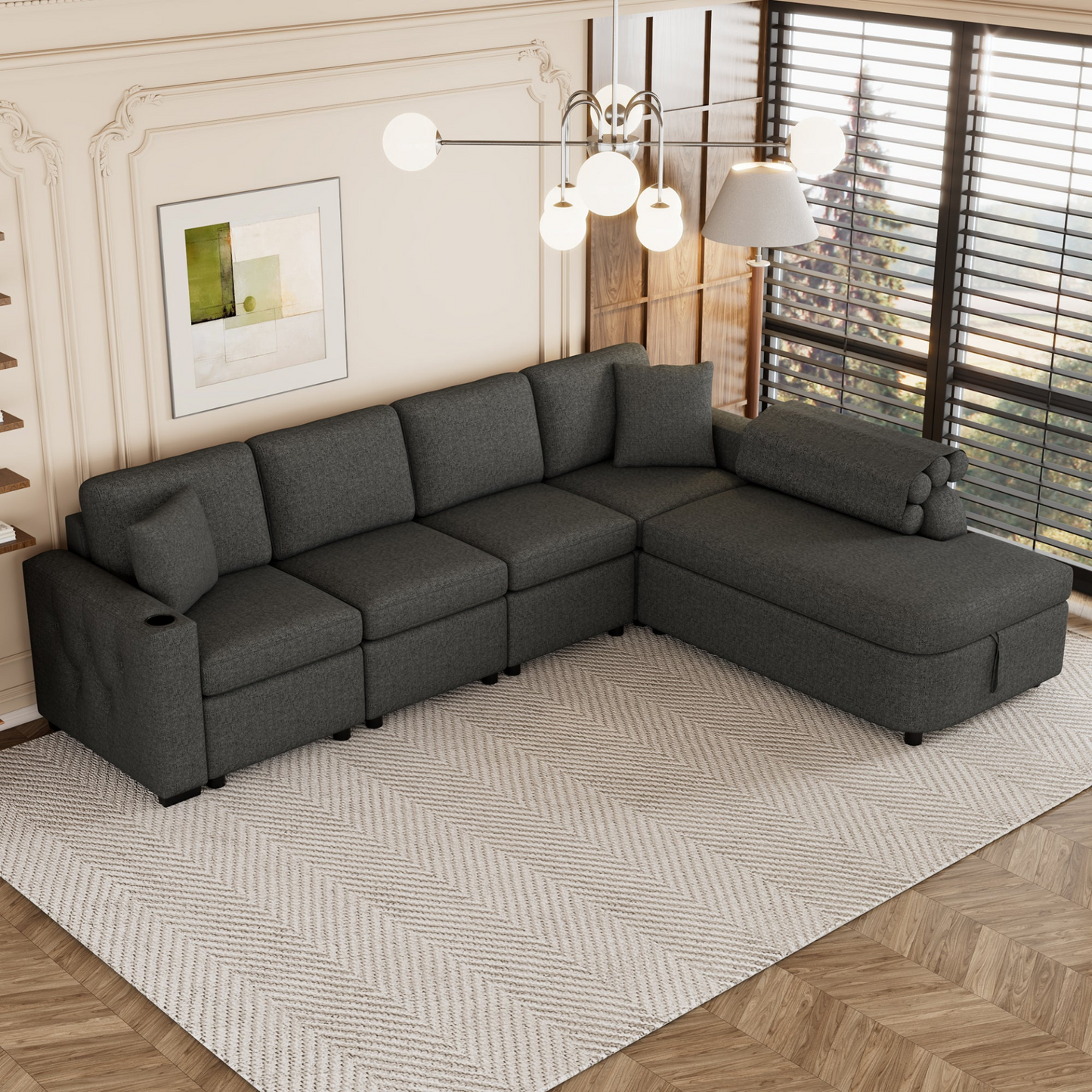 109.8"L-shaped Couch Sectional Sofa with Storage Chaise,Cup Holder and USB Ports for Living Room, Black