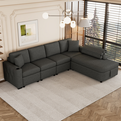 109.8"L-shaped Couch Sectional Sofa with Storage Chaise,Cup Holder and USB Ports for Living Room, Black