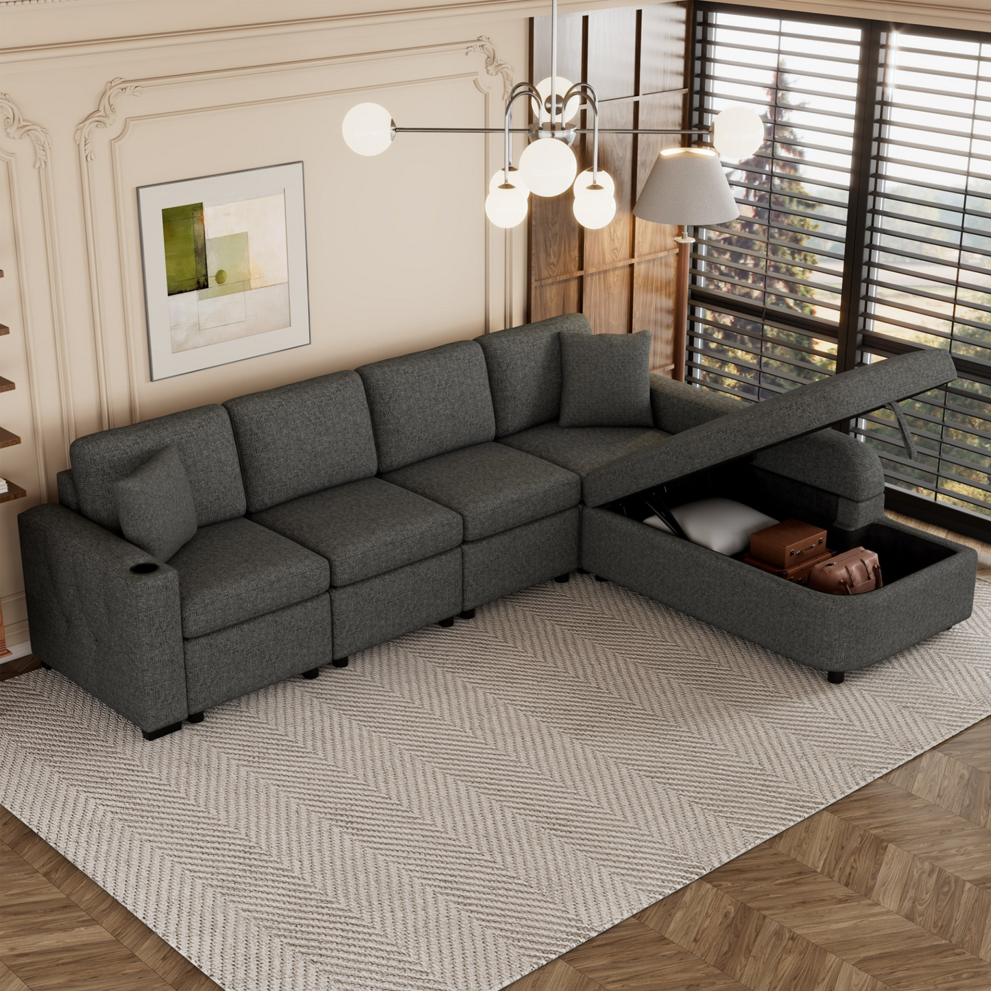 109.8"L-shaped Couch Sectional Sofa with Storage Chaise,Cup Holder and USB Ports for Living Room, Black