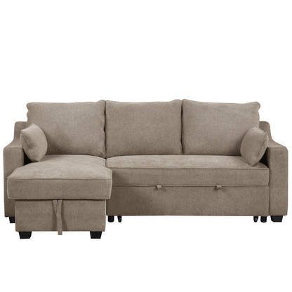 90" Pull Out Sleeper Sofa L-Shaped Couch Convertible Sofa Bed with Storage Chaise, Storage Racks and USB Ports, Light Brown