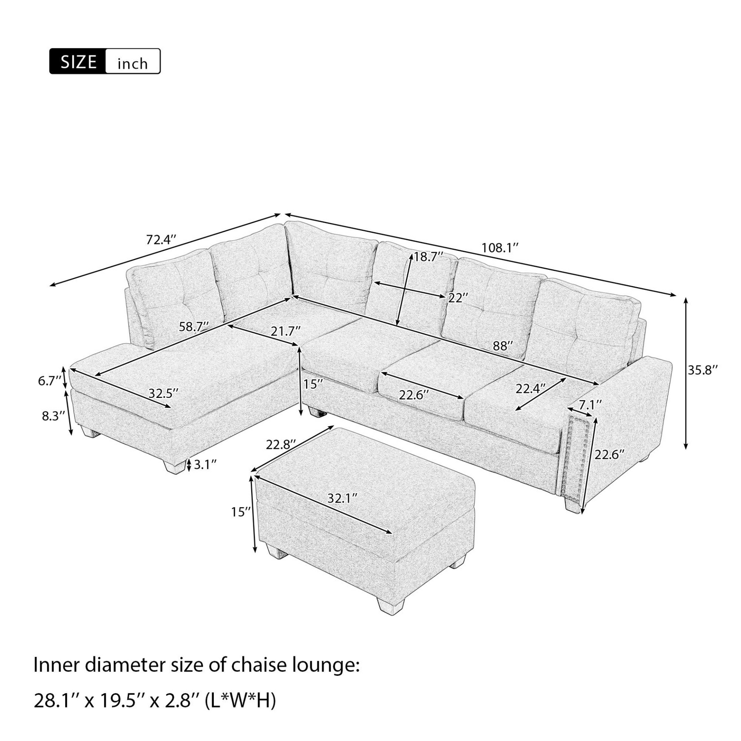 Reversible Sectional Sofa Space Saving with Storage Ottoman Rivet Ornament L-shape Couch for Large Space Dorm Apartment