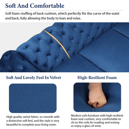 85.5" Velvet Upholstered Sofa with Sturdy Metal Legs,Modern Sofa Couch with Button Tufted Back, 3 Seater Sofa Couch for Living Room,Apartment,Home Office,Blue