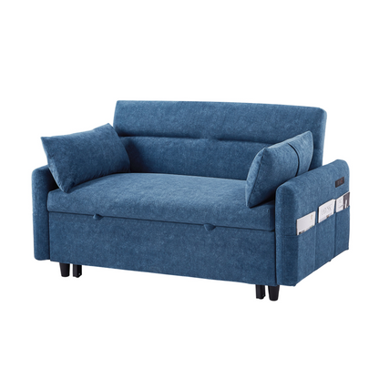 55.1" Pull Out Sleep Sofa Bed Loveseats Sofa Couch with Adjsutable Backrest, Storage Pockets, 2 Soft Pillows, USB Ports for Living Room, Bedroom, Apartment, Office, Blue