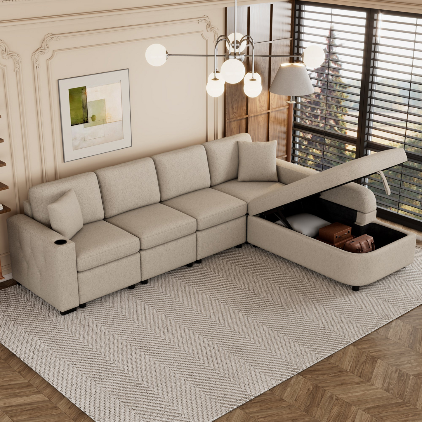 109.8"L-shaped Couch Sectional Sofa with Storage Chaise,Cup Holder and USB Ports for Living Room, Beige