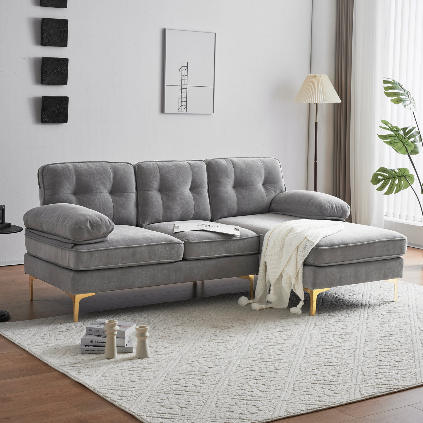 83" Modern Sectional Sofas Couches Velvet L Shaped Couches for Living Room, Bedroom, Light Grey