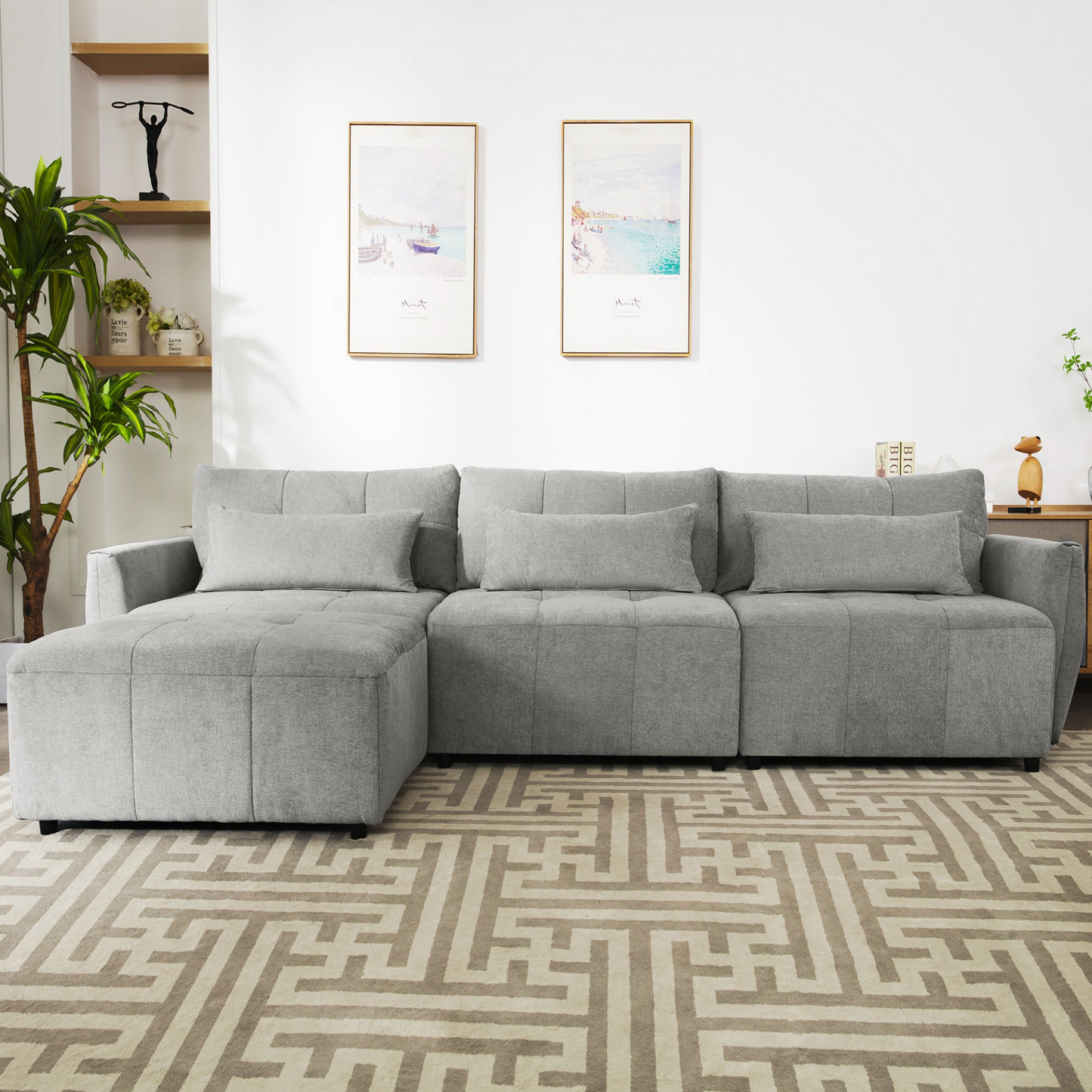 113.3" Convertible Sectional Sofa Couch 3-Seat L-Shaped Sofa with Movable Ottoman and  USB for Apartment, Living Room, Bedroom, Grey