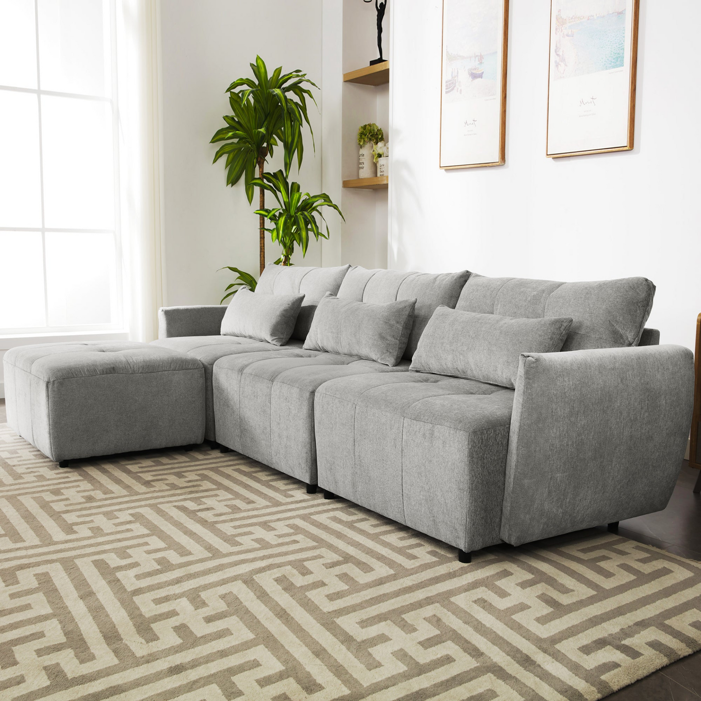 113.3" Convertible Sectional Sofa Couch 3-Seat L-Shaped Sofa with Movable Ottoman and  USB for Apartment, Living Room, Bedroom, Grey