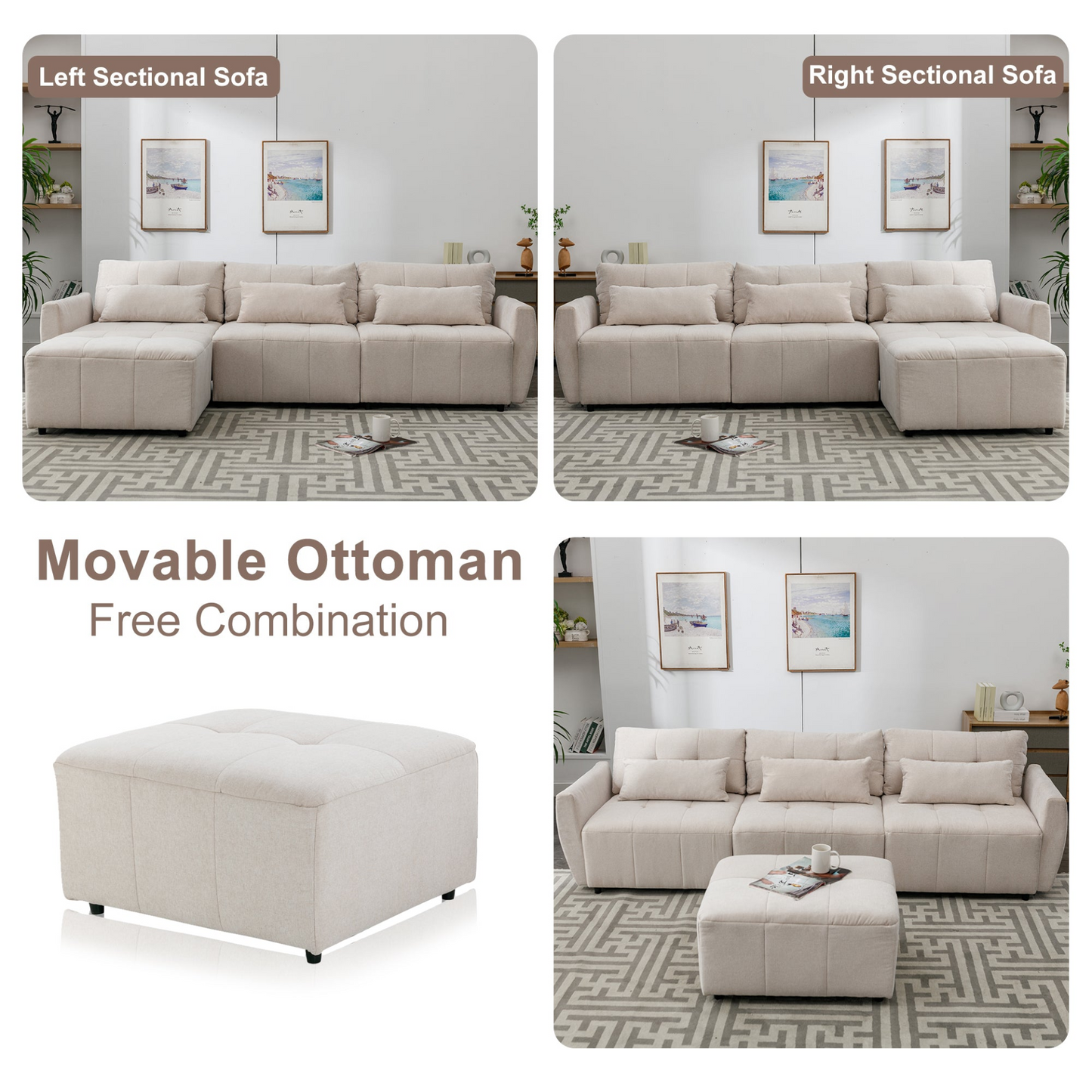113.3" Convertible Sectional Sofa Couch 3-Seat L-Shaped Sofa with Movable Ottoman and  USB for Apartment, Living Room, Bedroom, Beige